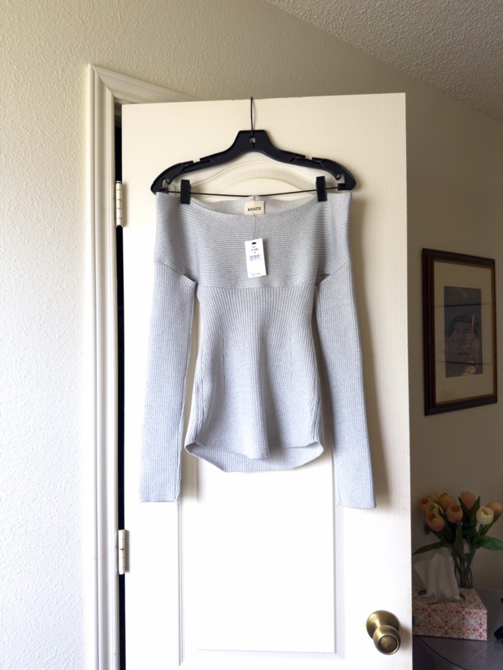 KHAITE Salma Off Shoulder Rib Knit Wool Top Long-Sleeve Chrome Medium NWT - Picture 2 of 10